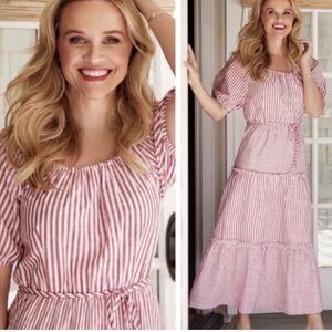 Draper James RSVP Red Striped Puff Sleeve Off Shoulder Tiered Maxi Dress